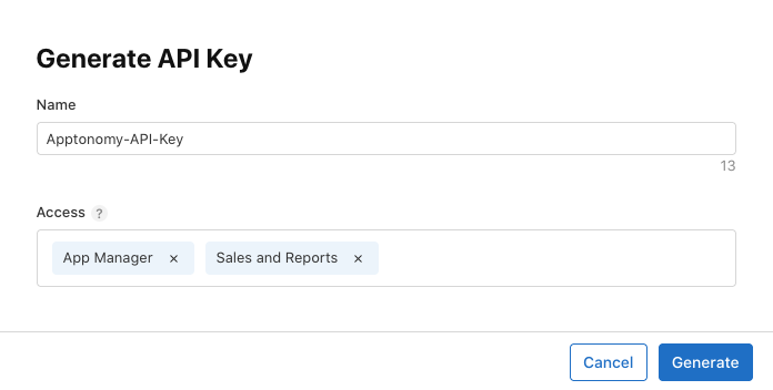 The Access section of the App Store Connect API key form, where you choose the key's role